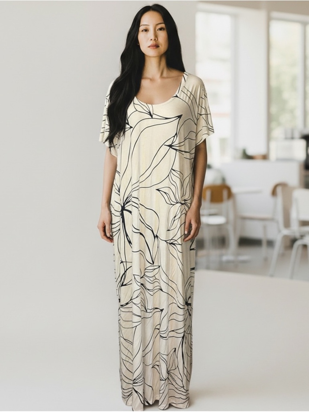Soma Short Sleeve Maxi Dress White Blue Floral Print Side Vents SZ XL